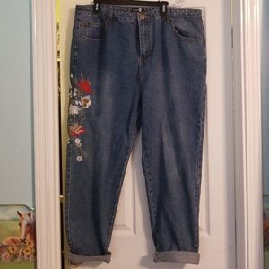 Flower embroidered high waisted mom denim jeans